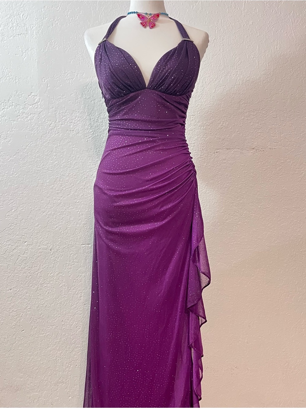 Betsy & Adam Sparkling Purple Halter Maxi Gown